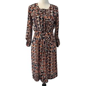 Tyler Boe Elegant Silk Navy Blue and Orange Patterned Long Sleeve Dress